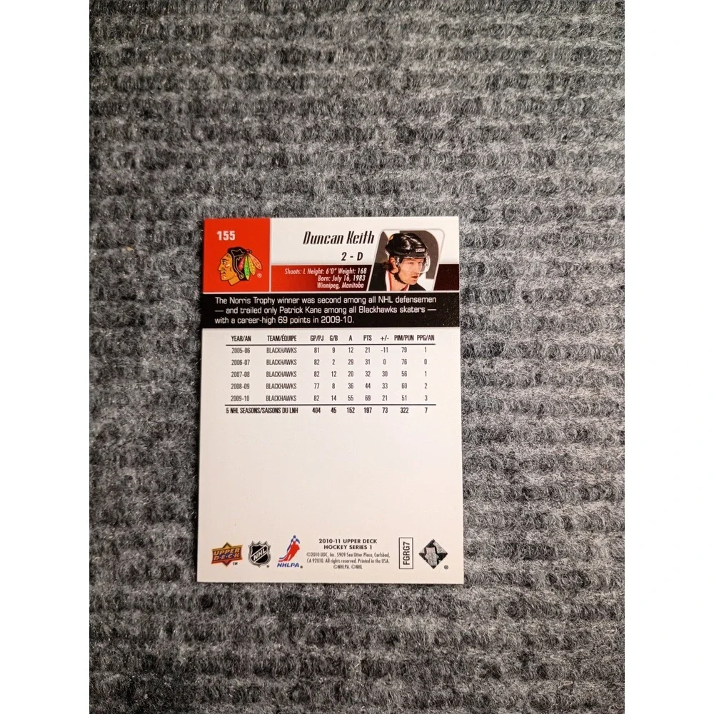2010-2011 Upper Deck Chicago Blackhawks Duncan Keith Hockey Card #155